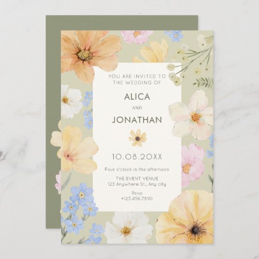 Bloemen pastel kleur bruiloft kaart (Voorkant / Achterkant)