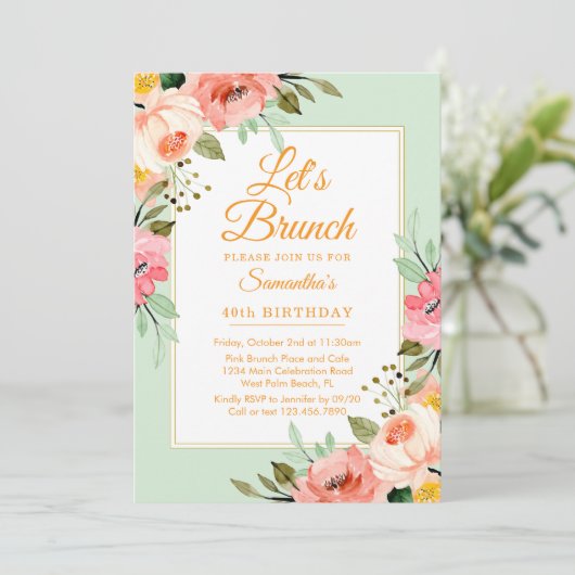 Bloemen Pastels Roze Let's Brunch Elk Evenementenf Kaart (Staand voorkant)