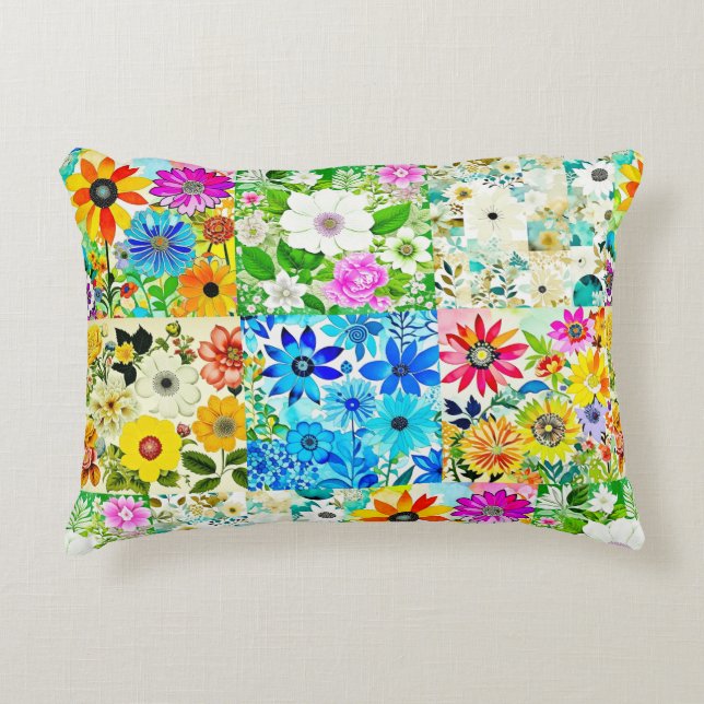 Bloemen Patchwork Art Waterverf Flowers Accent Kussen (Voorkant)