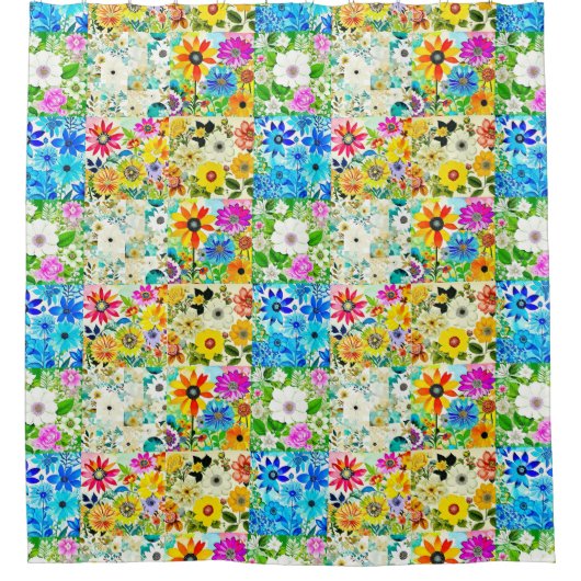Bloemen Patchwork Art Waterverf Flowers Douchegordijn (Voorkant)