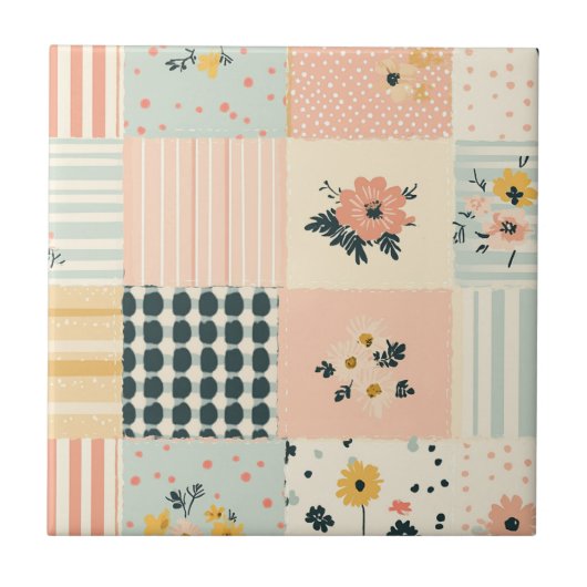  Bloemen Patchwork Patroon - Pastel (12) Tegeltje (Voorkant)