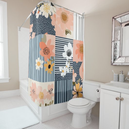 Bloemen Patchwork Patroon - Pastel (3) Douchegordijn (In situ)