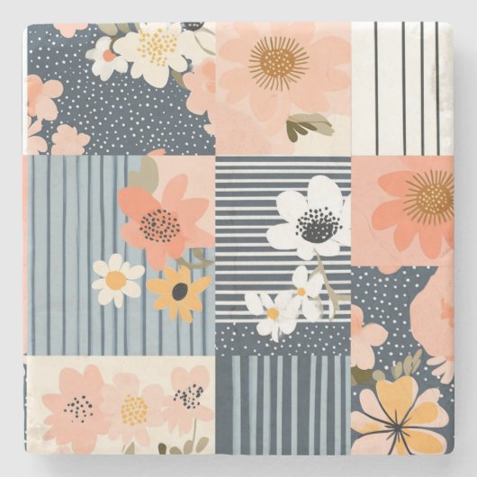  Bloemen Patchwork Patroon - Pastel (3) Stenen Onderzetter (Voorkant)
