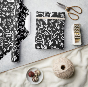 Bloemen Patroon in wit op zwart Cadeaupapier