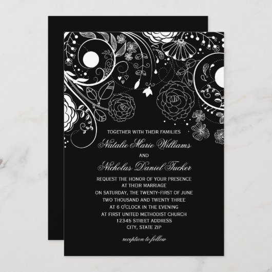 Bloemen Patroon Zwart/Wit - bruiloft uitnodiging (Voorkant / Achterkant)