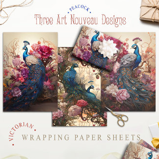Bloemen Peacock Victoriaans Art Nouveau Inpakpapier Vel