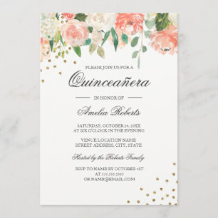 Bloemen Perzik Blush Waterverf Quinceanera Kaart