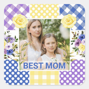 Bloemen & Plaid Fotolijst Moederdag Vierkante Sticker