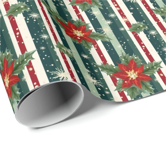 Bloemen Poinsettia Kerst gestreept Cadeaupapier (Rol Hoek)