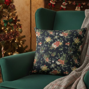 Bloemen Poinsettia Kerstpatroon Blauw Kussen