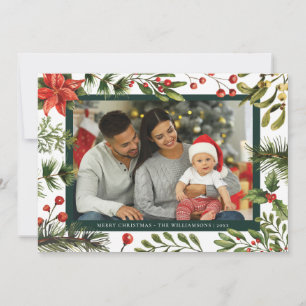 Bloemen Poinsettia Plaid Familie Foto Tartan Feestdagenkaart