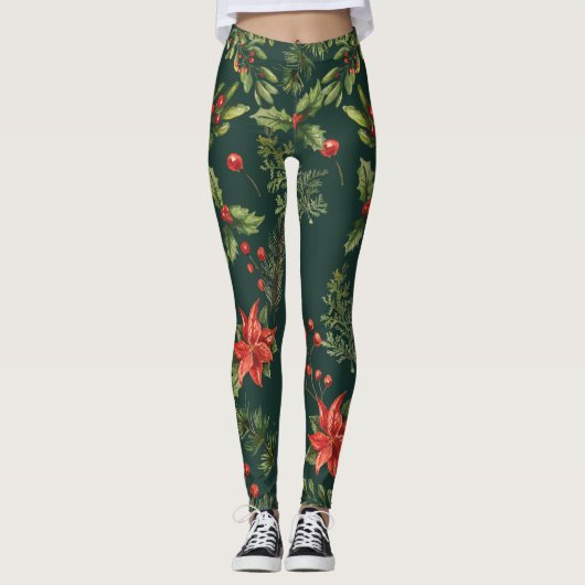 Bloemen Poinsettia Rode bessen Botanisch Leggings (Voorkant)