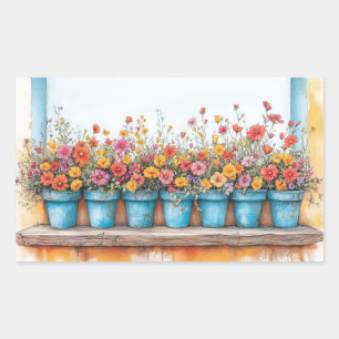 Bloemen Pots Illustratie Pastel Kleur Tekening Rechthoekige Sticker