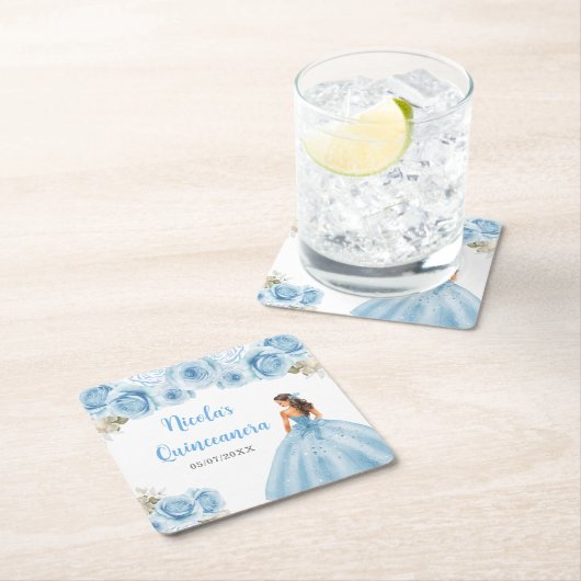 Bloemen Prinses in Blauwe Jurk Quinceanera Vierkante Kartonnen Onderzetter (Insitu)