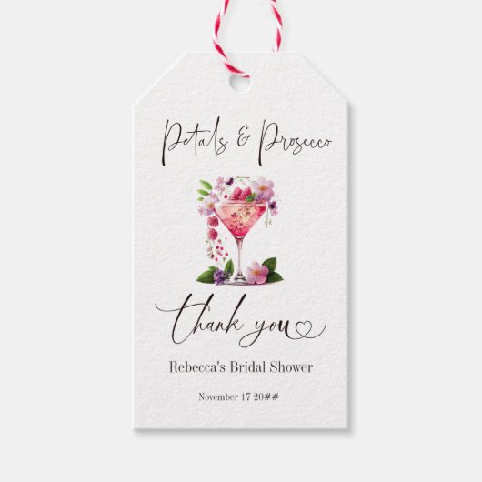 Bloemen & Prosecco Roze Roze Bloemige Bruiloftsbor Cadeaulabel (Voorkant)