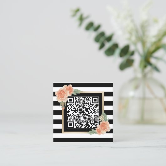 Bloemen QR Code Modern Stripes Vierkante Visitekaartje (Staand voorkant)