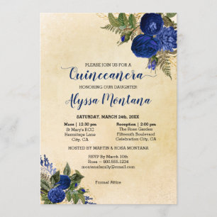 Bloemen Quinceanera Royal Blue Mass & Receptie Kaart