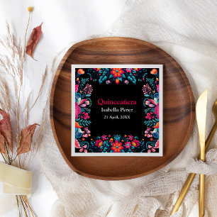 Bloemen Quinceanera Zwart Mexicaans Fiesta Verjaar Servet