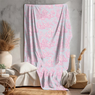 Bloemen Retro Blauw Roze Toile de Jouy Fleece Deken