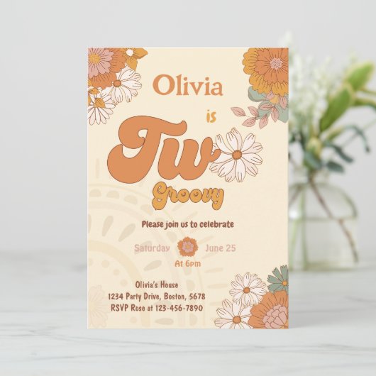 Bloemen Retro Twee Groovy 2e Verjaardag uitnodigin Kaart (Staand voorkant)