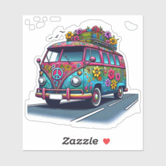 Bloemen Retro Van op de weg Sticker