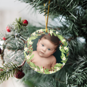 Bloemen rode bessen groen krans foto keramisch ornament
