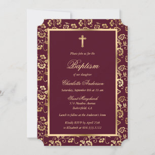 Bloemen Rode Goud Kruis Script Doop Kaart