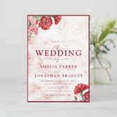 Bloemen Rode Marmeren Script Overlay bruiloft uitn Kaart (Staand voorkant)