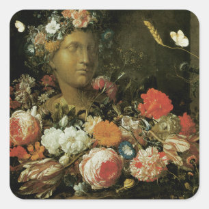 Bloemen rond een klassieke buste vierkante sticker