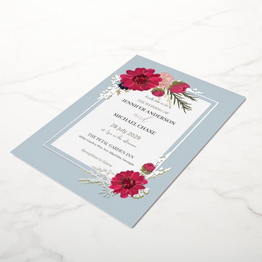 Bloemen rood groen bruids bruiloft folie uitnodiging (Gedraaid)