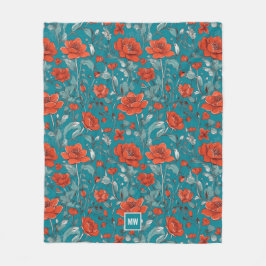 Bloemen, rood sinaasappel, klaprozen blauwgroen in fleece deken