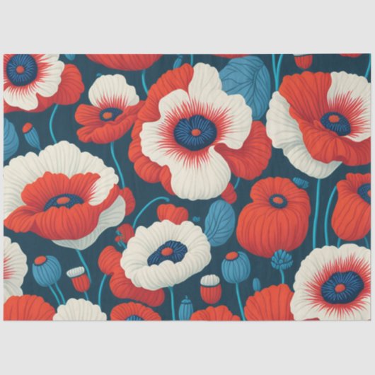 Bloemen Rood, Wit, Blauwe Poppies Decoupage Tissuepapier (Voorkant)