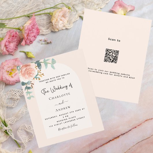 Bloemen roos blush arch QR RSVP huwelijksuitnodigi