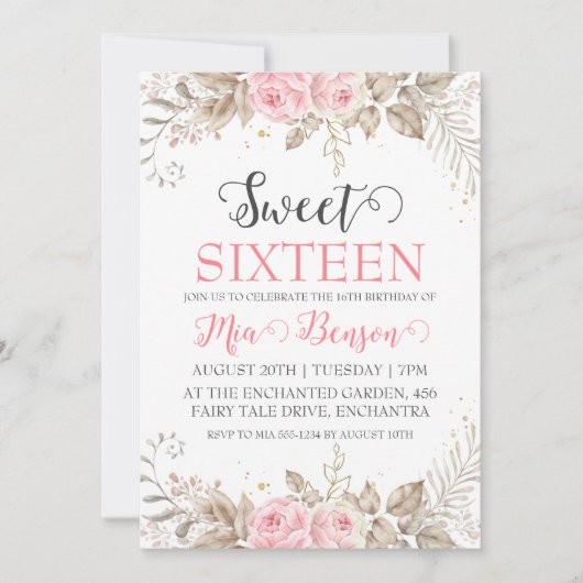Bloemen roos Gold Sweet 16 verjaardagsuitnodiginge Kaart (Voorkant)