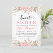 Bloemen roos Gold Sweet 16 verjaardagsuitnodiginge Kaart (Staand voorkant)