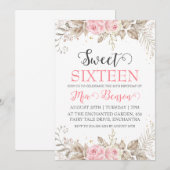 Bloemen roos Gold Sweet 16 verjaardagsuitnodiginge Kaart (Voorkant / Achterkant)