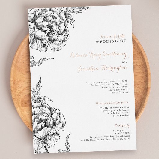 Bloemen Roos Goud Bruiloft Folie Uitnodiging