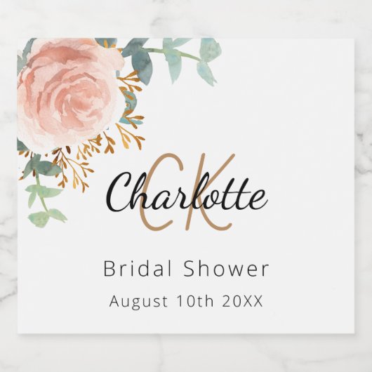 Bloemen roos gouden monogram vrijgezellenfeest sparkling wijnetiket (Enkel label)