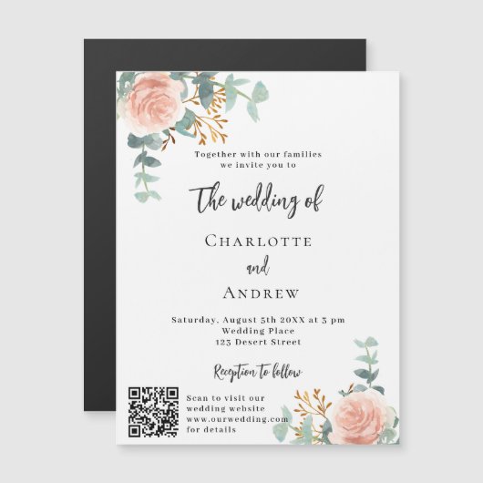 Bloemen roos gouden QR code details luxe bruiloft Magnetische Uitnodiging (Voorkant / Achterkant)