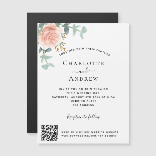 Bloemen roos gouden QR code details luxe bruiloft Magnetische Uitnodiging (Voorkant / Achterkant)