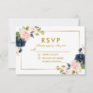 Bloemen Roze Blush Blauw Huwelijk RSVP Goud Kaartje