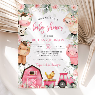 Bloemen Roze Boerderijdieren Baby shower Uitnodigi Kaart