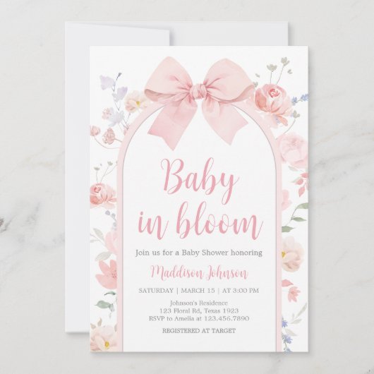 Bloemen Roze Bow Baby in Bloom Baby shower Kaart (Voorkant)