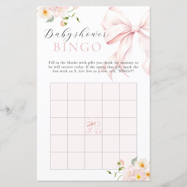 Bloemen Roze Bow Bloom Baby shower Gift Bingo Game (Voorkant)