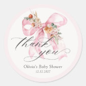 Bloemen Roze Bow Elegant Baby shower Dank u Ronde Sticker (Voorkant)