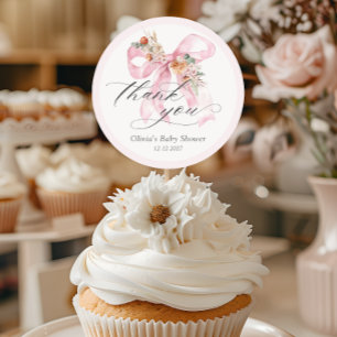 Bloemen Roze Bow Elegant Baby shower Dank u Ronde Sticker