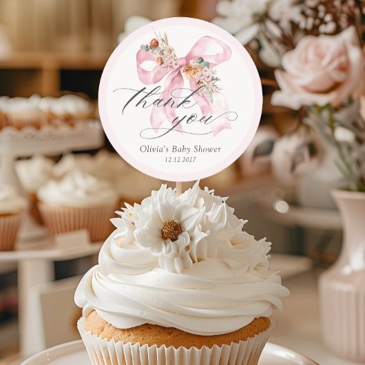 Bloemen Roze Bow Elegant Baby shower Dank u Ronde Sticker