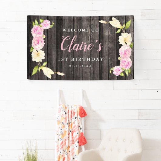 Bloemen Roze Cream Meisjes Verjaardagsfeest Spandoek (Insitu)