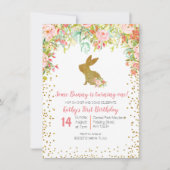 Bloemen Roze en Gouden Bunny Verjaardag Bloemen Kaart (Voorkant)