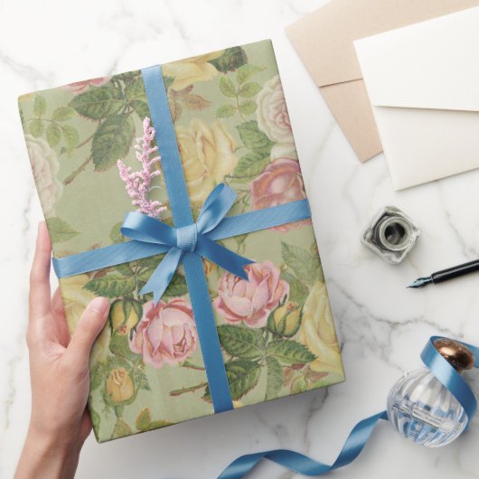   Bloemen Roze en Groen Cadeaupapier (Geschenken)